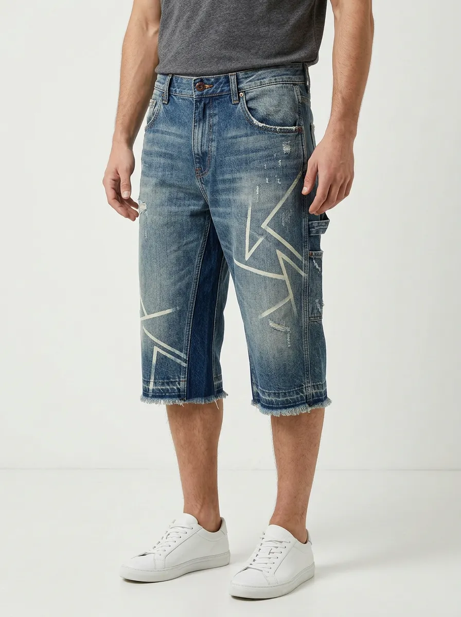 Men's Classic Geometric Distressed Raw Hem Street Inspired Distressed Denim Shorts