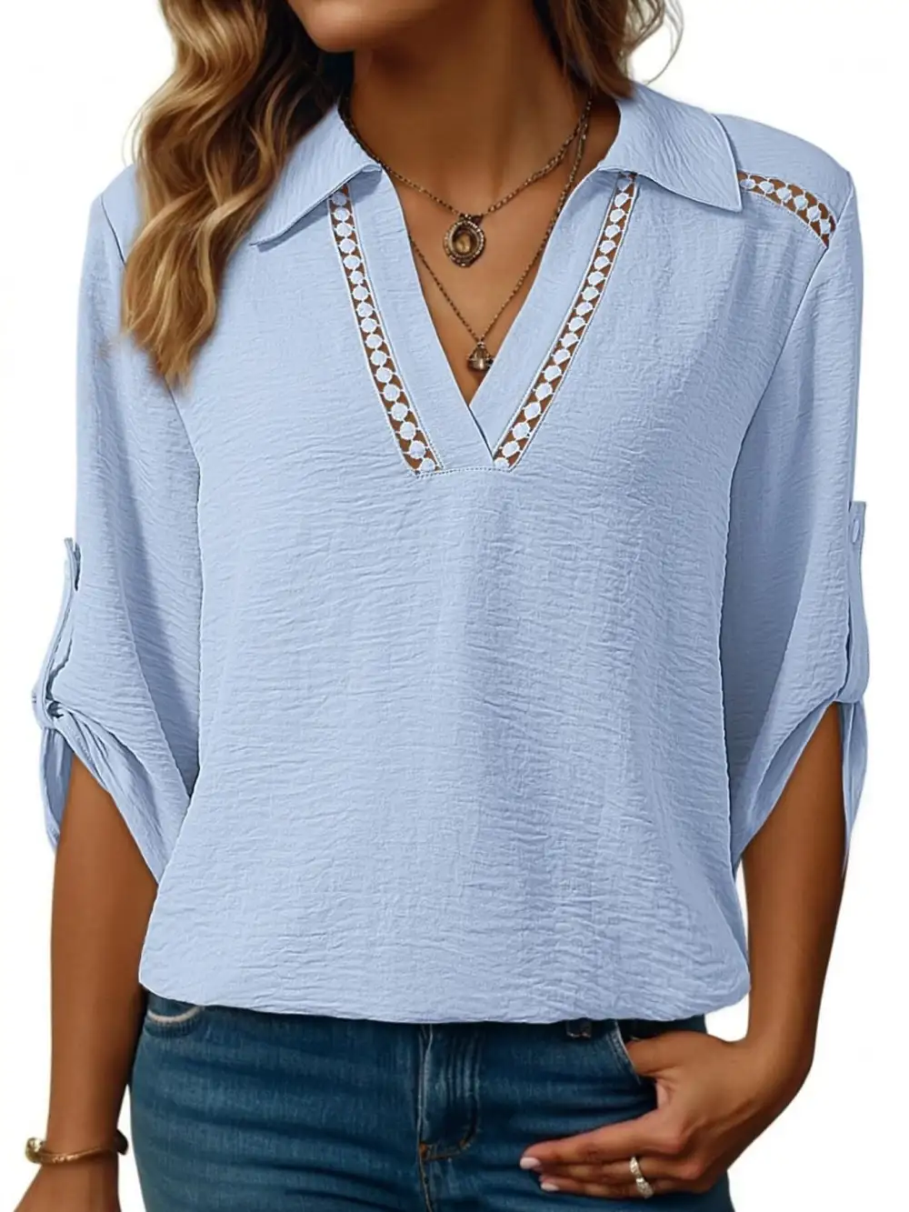 Collar Roll Up Sleeve Blouse