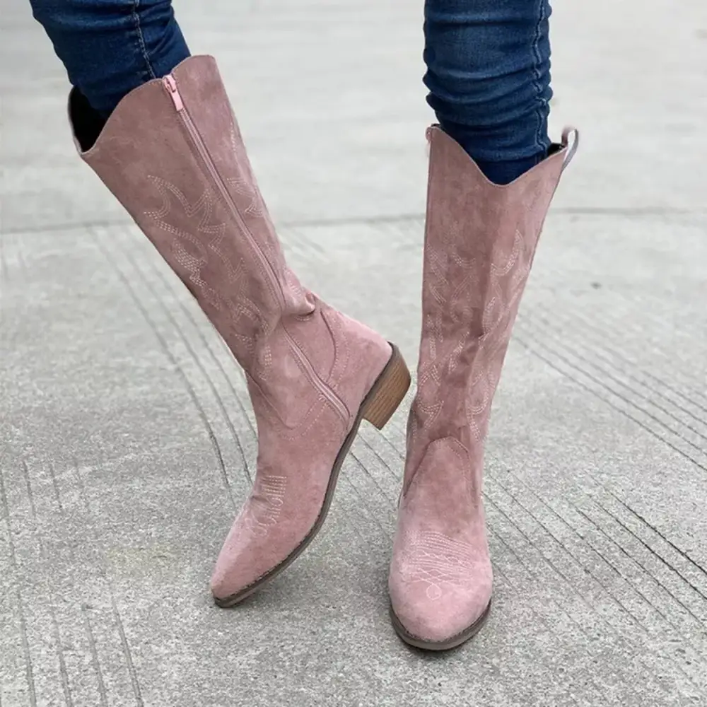 Smocked Point Toe Block Heels Boots
