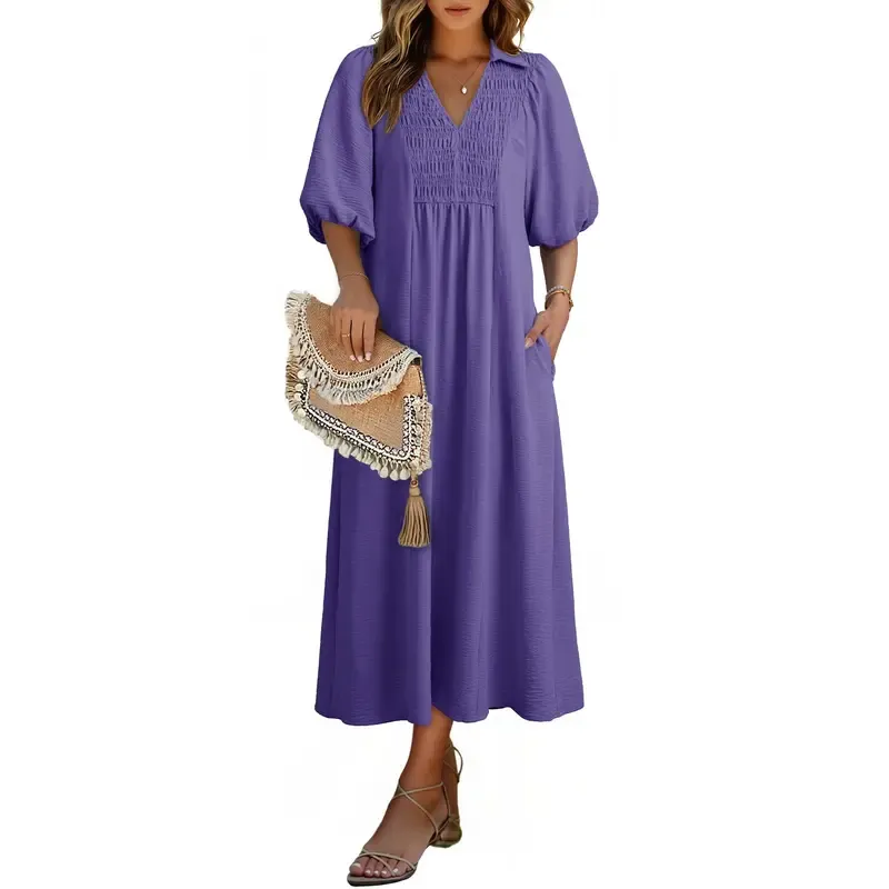 Casual V-neck puff-sleeve high-waist A-line long summer dress