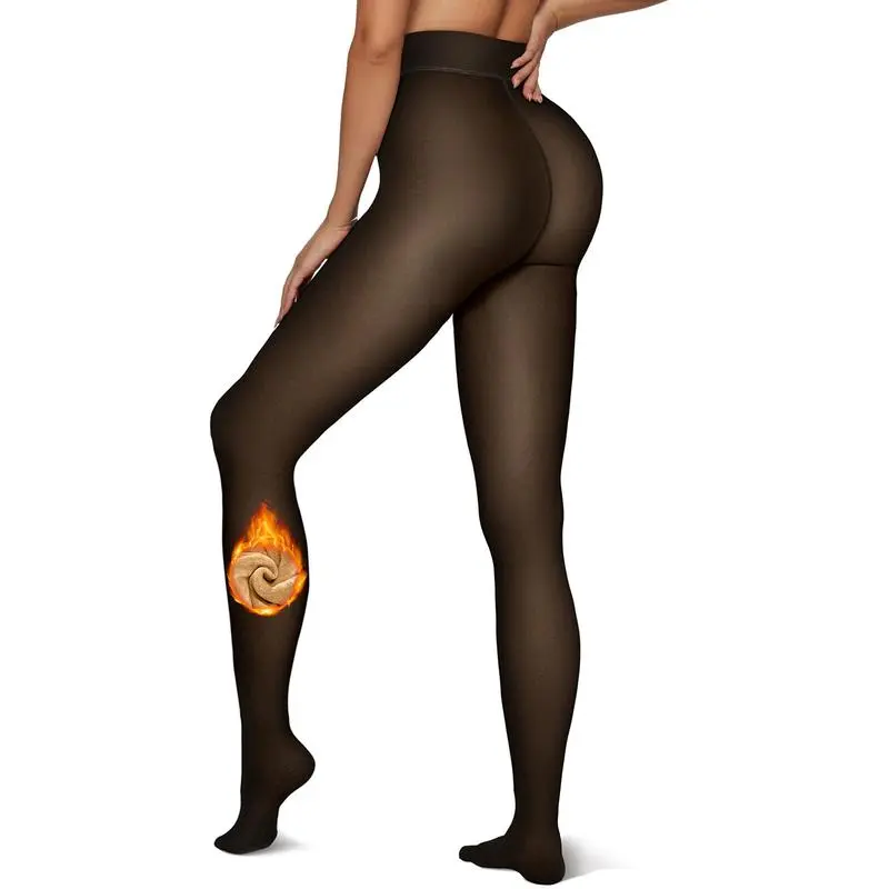 Women Fleece Lined Leggings Sheer Fake Translucent Pantyhose Thermal High Waisted Footed Opaque Tights