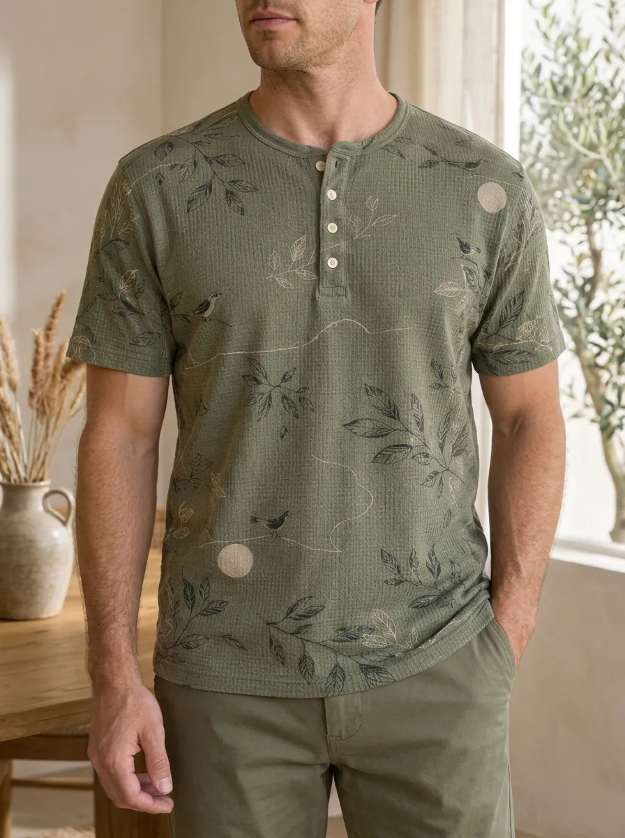 Men's Classic Nature Lover Botanical Bird Henley T-Shirt