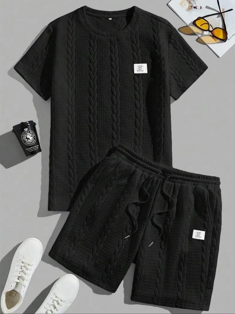 Men's Solid Textured Patched Tee & Drawstring Waist Shorts Set