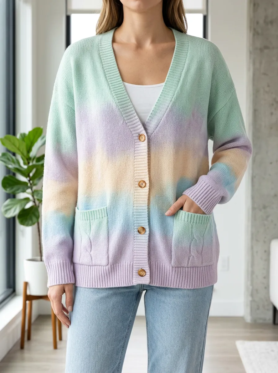 Women's Pastel Tie-Dye Pattern Printed Patch Pocket Casual Style Cardigan