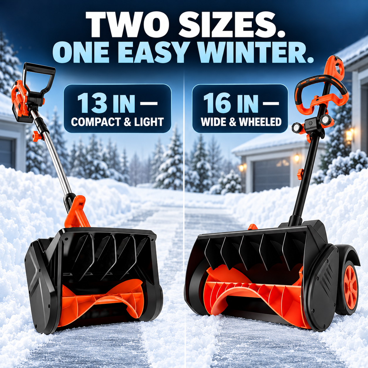 Comparison of 13-inch compact snow shovel and 16-inch wheeled snow shovel