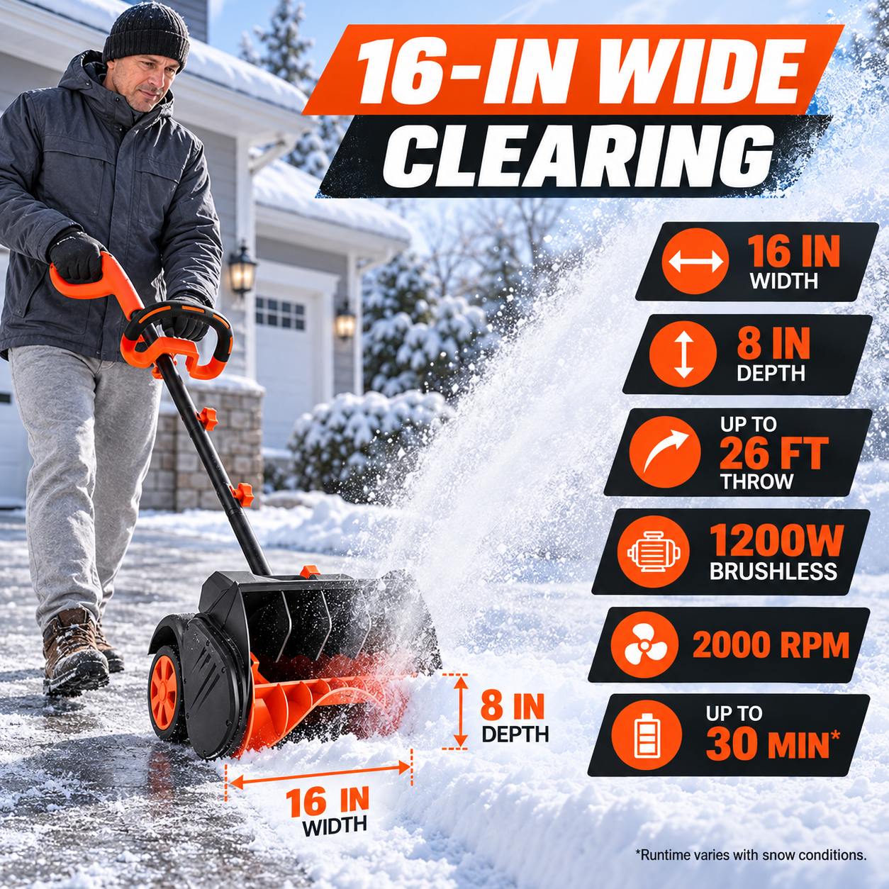 16-inch wheeled brushless snow shovel specifications